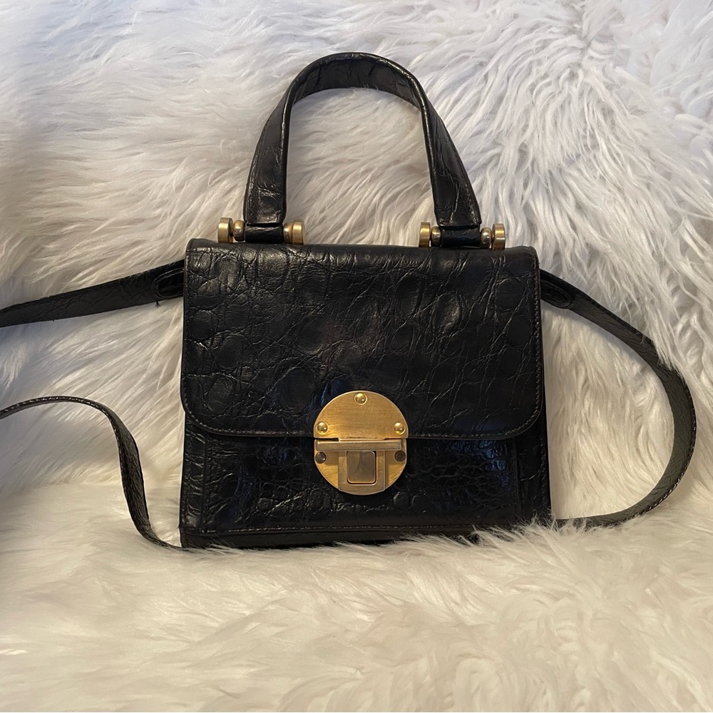 Donna Karan Vintage Black Croc Embossed Leather Top-Handle Bag
